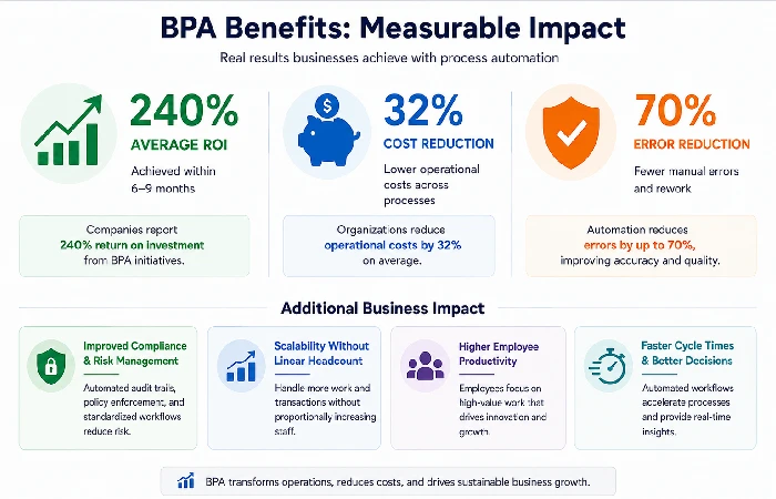 BPA benefits infographic showing 240% ROI, 32% cost reduction, and 70% error reduction 