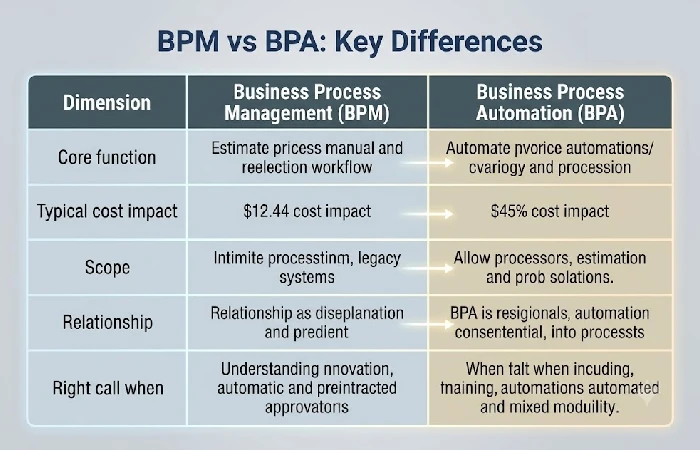 Table comparing BPM and BPA across governance, scope, and audit trail