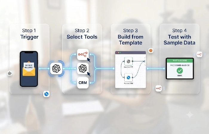 Four-step flow diagram: trigger, tool selection, build from template, test with data