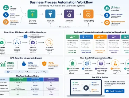 Business process automation workflow connecting HR, finance, and operations systems