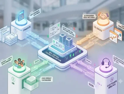 Business process automation examples across finance, HR, sales, and customer service departments.
