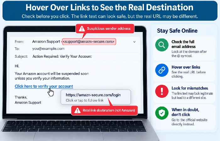 Example of hovering over a link to preview its real destination URL