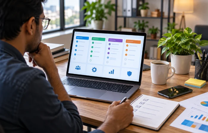 Small business owner comparing project management software features on a laptop