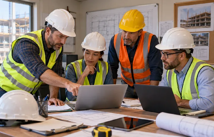 Construction managers comparing software options during a site office meeting
