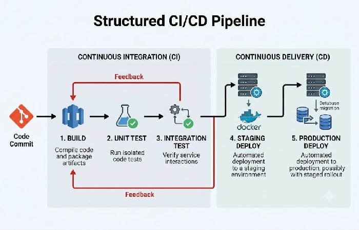 CI/CD pipeline diagram showing build, test, and deployment automation stages