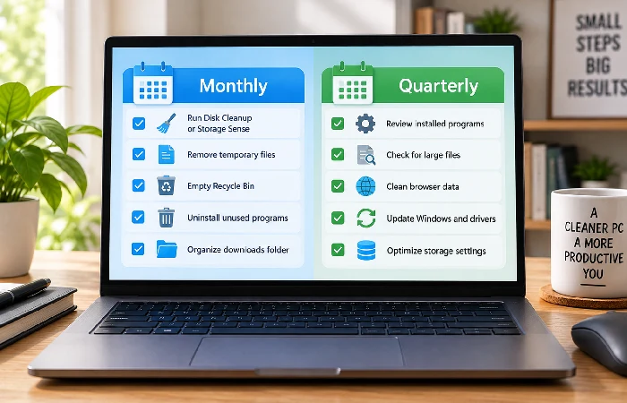Monthly vs quarterly computer cleanup schedule chart