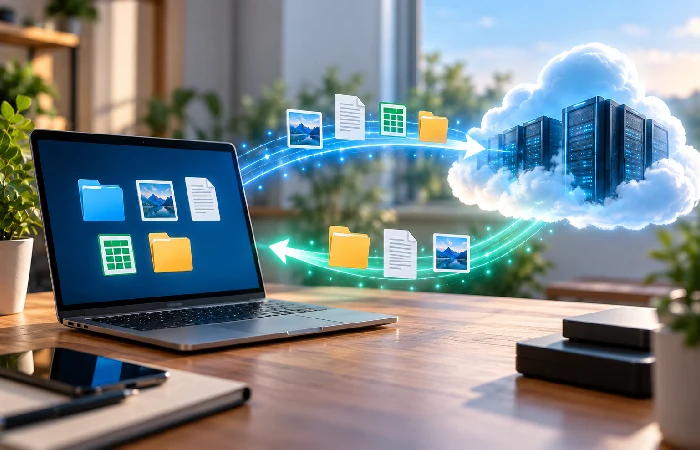 Cloud backup software workflow from data selection to recovery