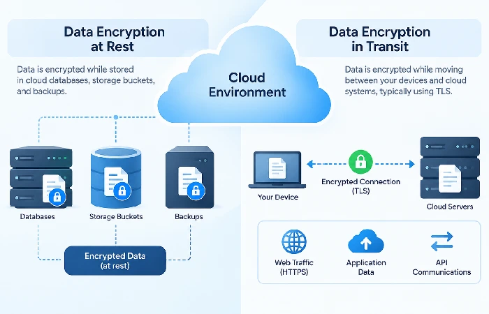 Diagram of data encryption at rest and in transit in cloud systems