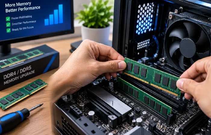 RAM memory upgrade improving computer multitasking performance