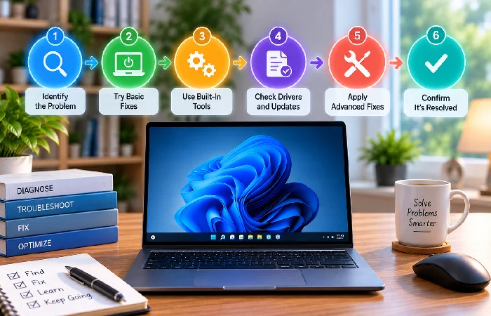 Step-by-step computer troubleshooting workflow diagram