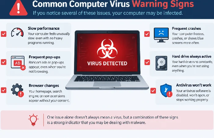 Checklist graphic of common computer virus warning signs