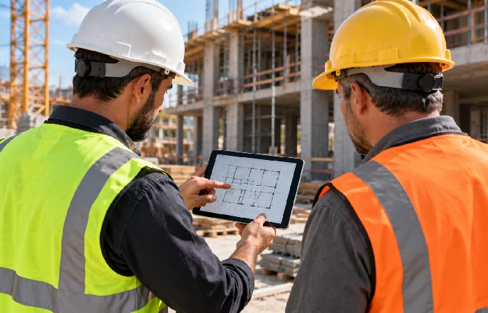 Two construction workers reviewing building drawings on a tablet on-site