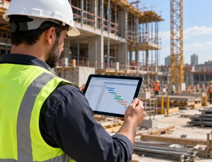 Construction site supervisor reviewing a project schedule on a tablet