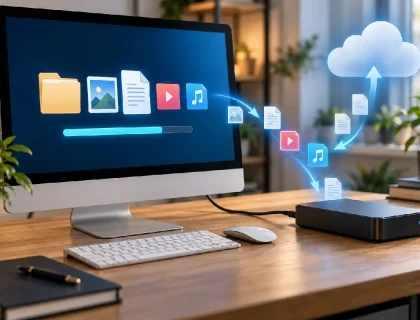Data backup software protecting files on a computer and external drive