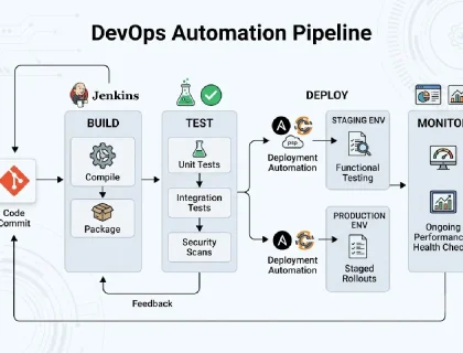 Diagram of a DevOps automation pipeline from code commit to production deployment