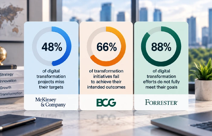 Comparison of digital transformation failure rate statistics by source