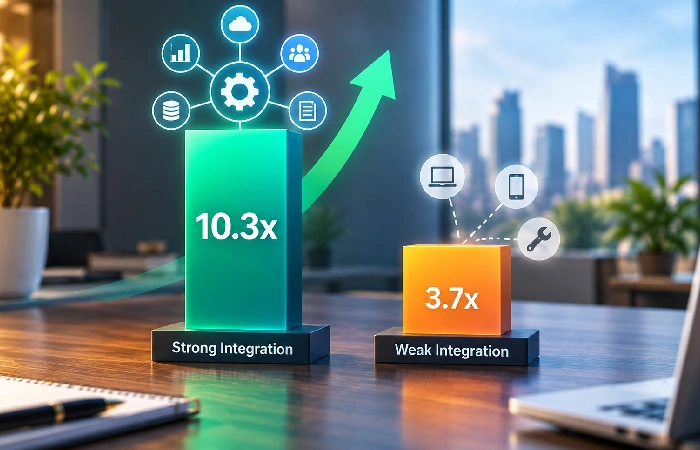 Comparison of 10.3x ROI for strong integration versus 3.7x for weak integration