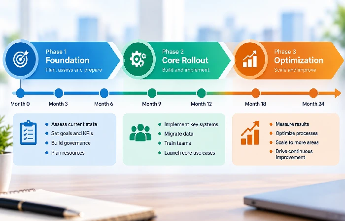 Three-phase digital transformation roadmap timeline chart