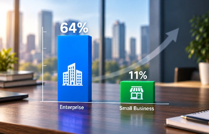 Bar chart comparing 64% enterprise ROI to 11% small business ROI
