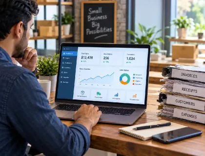 Small business owner reviewing a digital dashboard replacing paper-based records