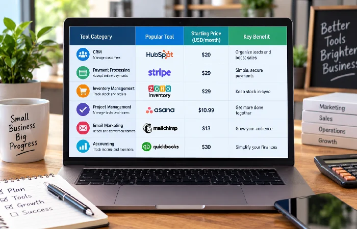 Cost comparison table for small business CRM, payment, and inventory tools