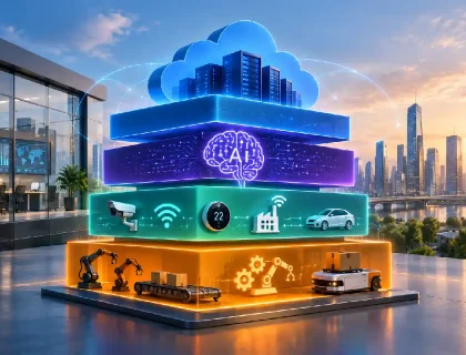 Cloud, AI, IoT, and automation layered as a digital transformation technology stack