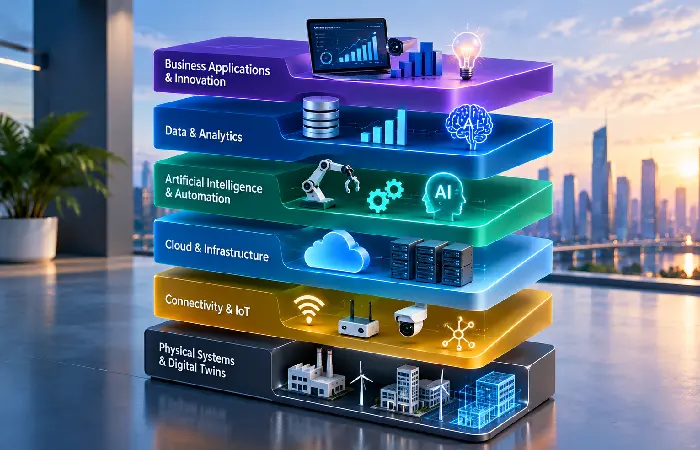 Six-layer digital transformation technology stack from cloud to digital twins
