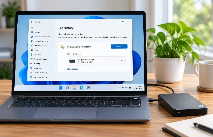 Windows File History window with the Turn on button and an external drive selected as the backup drive