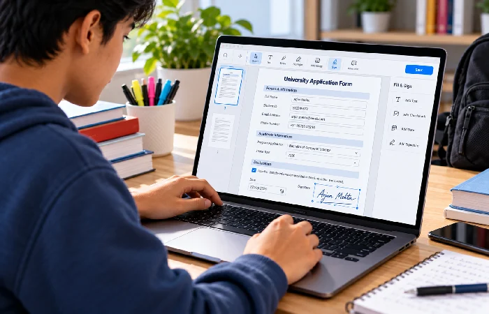 Student filling and signing an academic PDF form