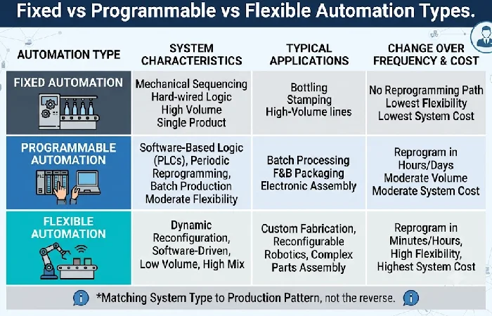 Chart comparing fixed, programmable and flexible automation types