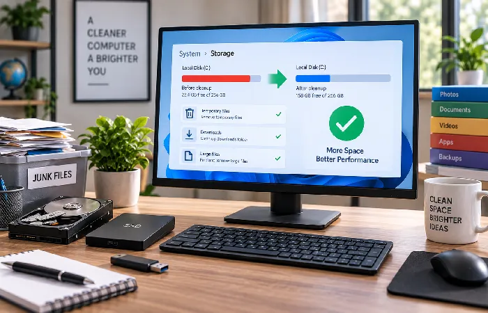 Computer storage cleanup process improving available disk space