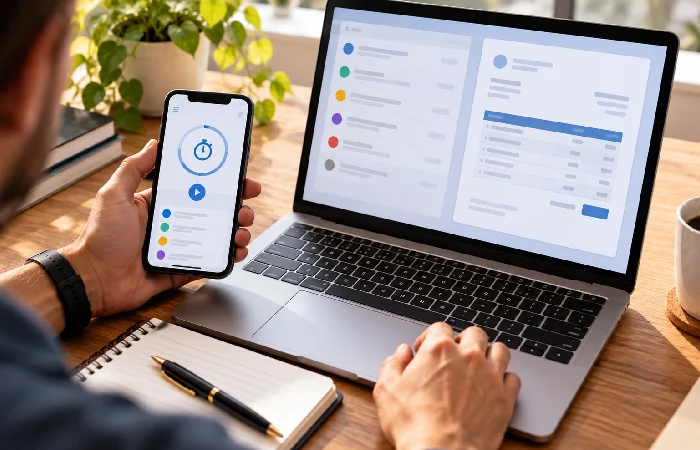 Freelancer checking a time tracker on a phone next to an invoice on a laptop screen