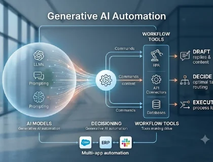 Diagram showing generative AI automation connecting AI models to workflow tools