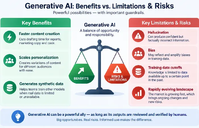 Chart of generative AI benefits weighed against key risks and limits