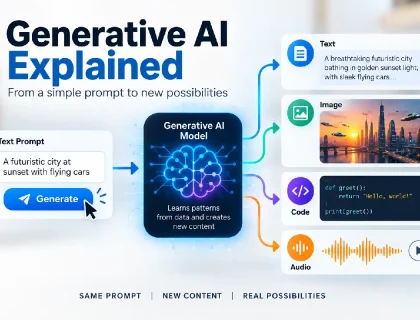 Diagram showing how generative AI turns a text prompt into new content