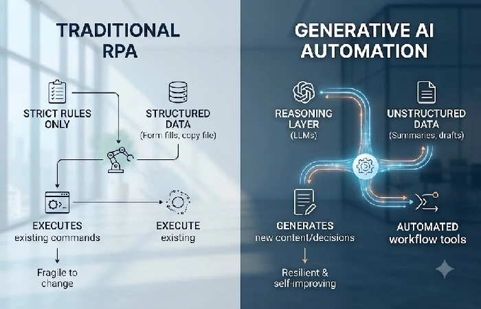 Comparison diagram: generative AI automation vs traditional RPA