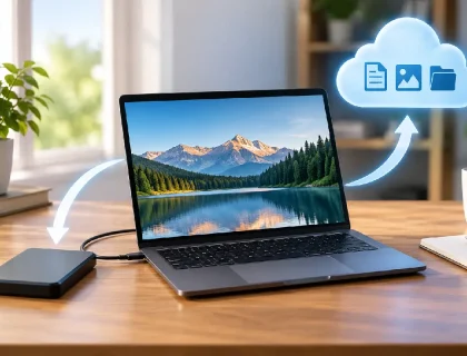 Laptop connected to an external hard drive and a cloud icon showing two ways to back up computer files