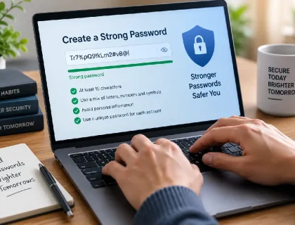 Hands typing a strong password on a laptop keyboard