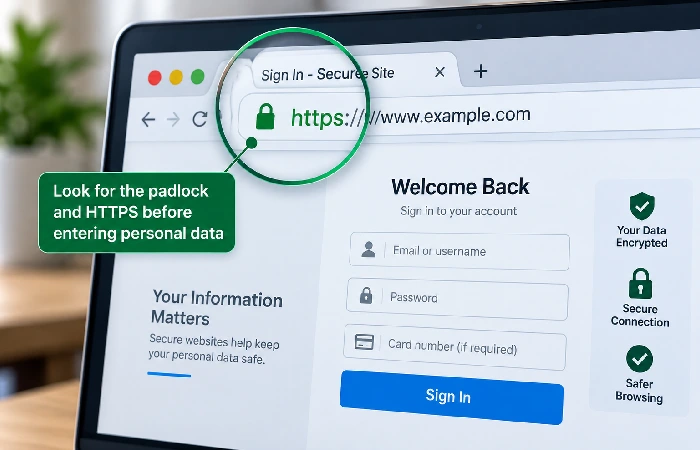 Browser address bar showing HTTPS padlock icon before entering personal data