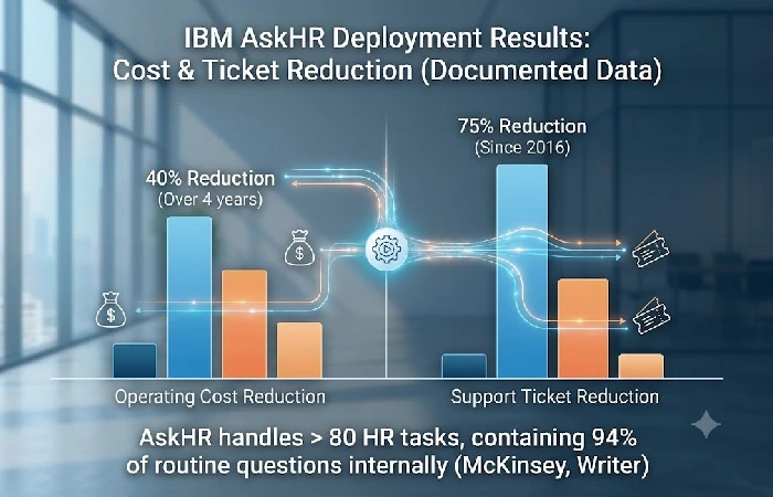 Chart of IBM AskHR automation results: cost and ticket reduction