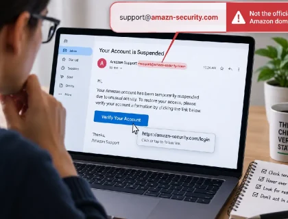 Person checking a suspicious email sender address before clicking a link