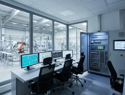 Industrial automation control room showing PLC panel, SCADA screen, and HMI display on a factory floor