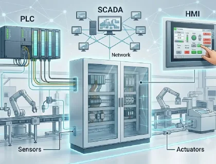 ndustrial automation system with PLC, SCADA and HMI components