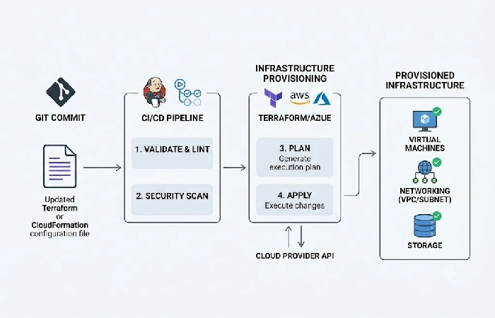 Infrastructure as Code workflow from Git commit to provisioned server.