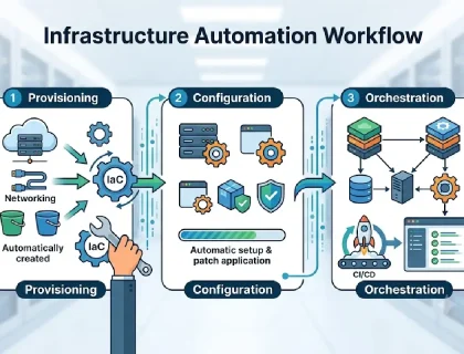 Infrastructure automation workflow showing provisioning, configuration, and orchestration