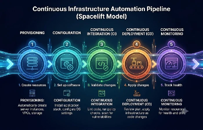 Five-stage infrastructure automation pipeline from provisioning to monitoring