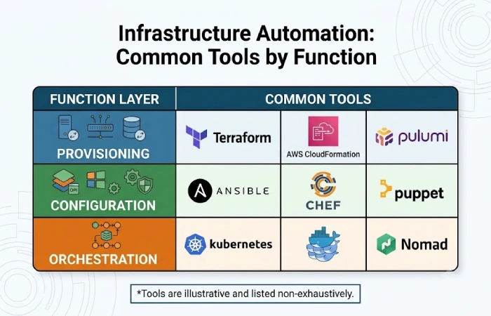 Comparison table of Terraform, Ansible, Kubernetes, and CloudFormation