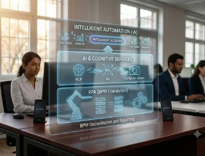 Diagram showing RPA, AI and BPM layers combining into intelligent automation
