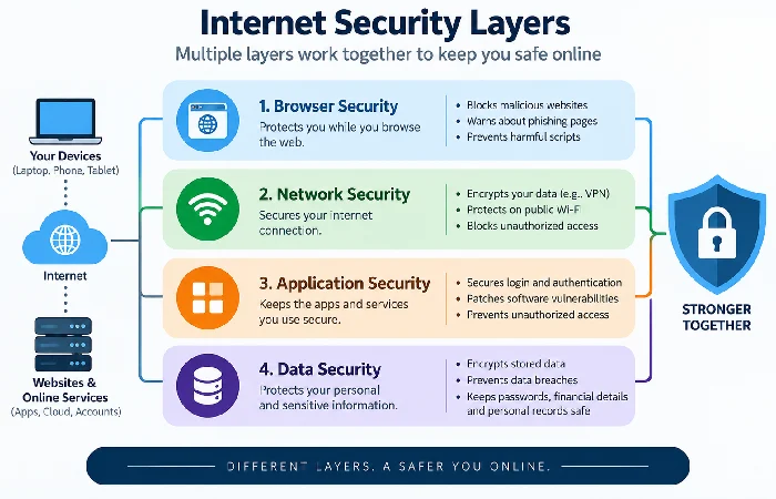Diagram of browser, network, application, and data security layers