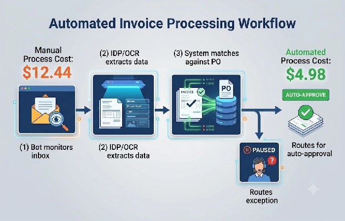 Automated invoice processing workflow from receipt to payment approval in 4 steps.